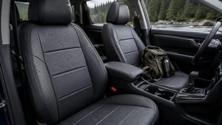 Water-resistant black seat covers installed in a modern vehicle interior