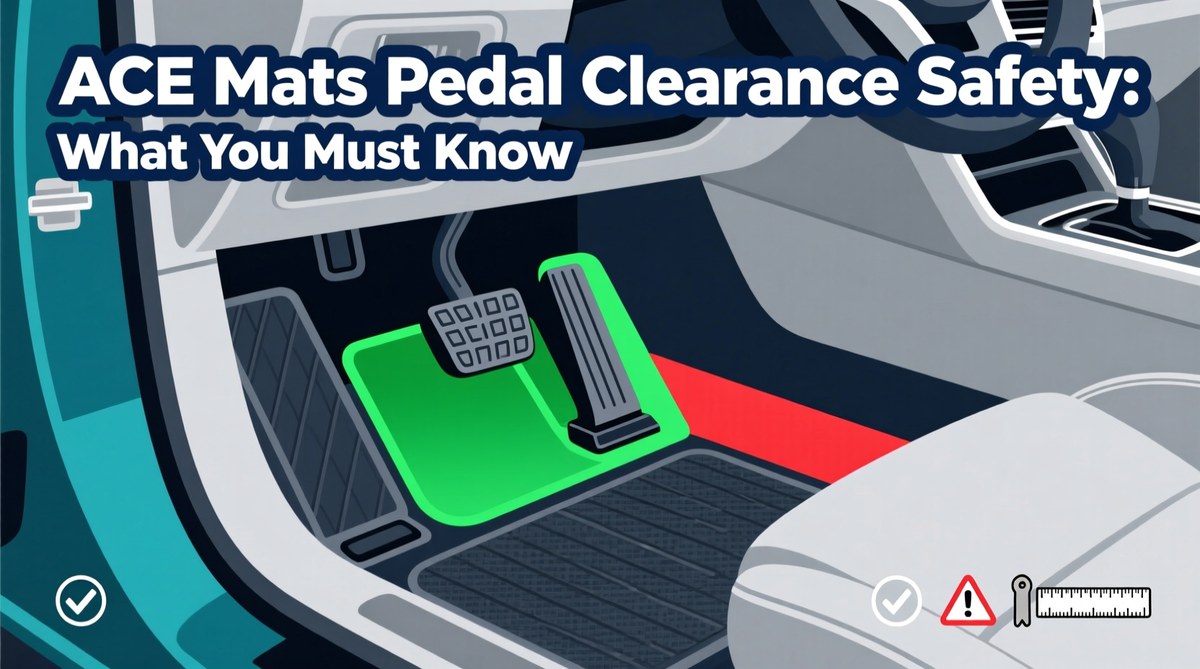 Close-up of a driver-side floor mat installed correctly, leaving space around the gas and brake pedals.