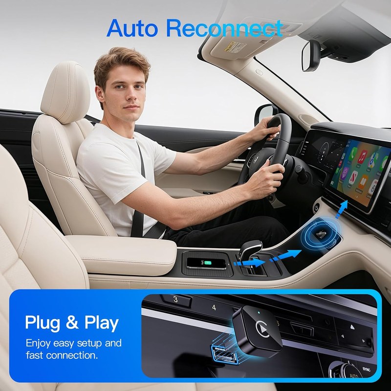 Wireless CarPlay adapter plugged into a car USB port, positioned near an open vent for heat dissipation.