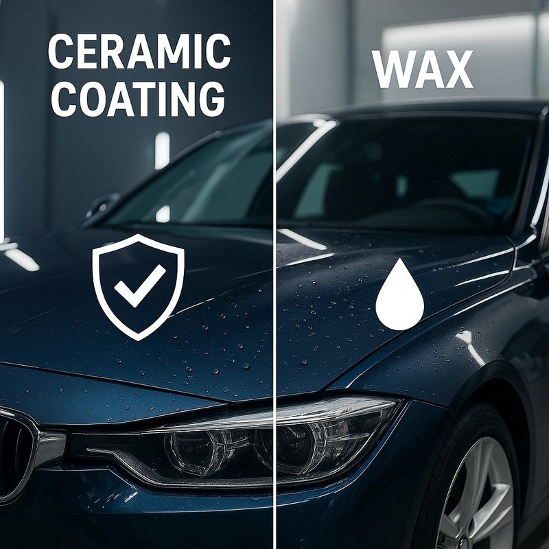 Hand applying wax to a ceramic-coated car panel showing streaking