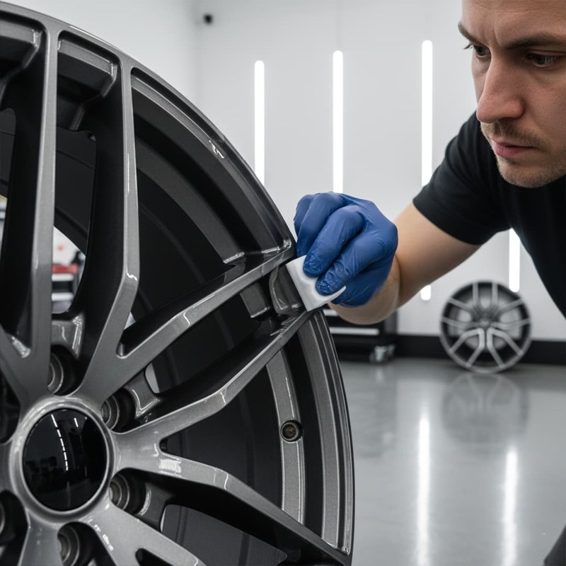 Close-up of a hand applying ceramic coating to a car wheel with a foam applicator pad.