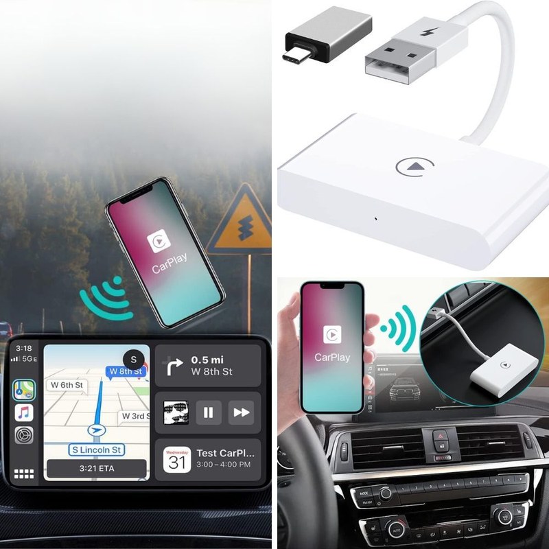 A wireless CarPlay adapter plugged into a car's USB port with the ignition off, showing a small LED indicator.