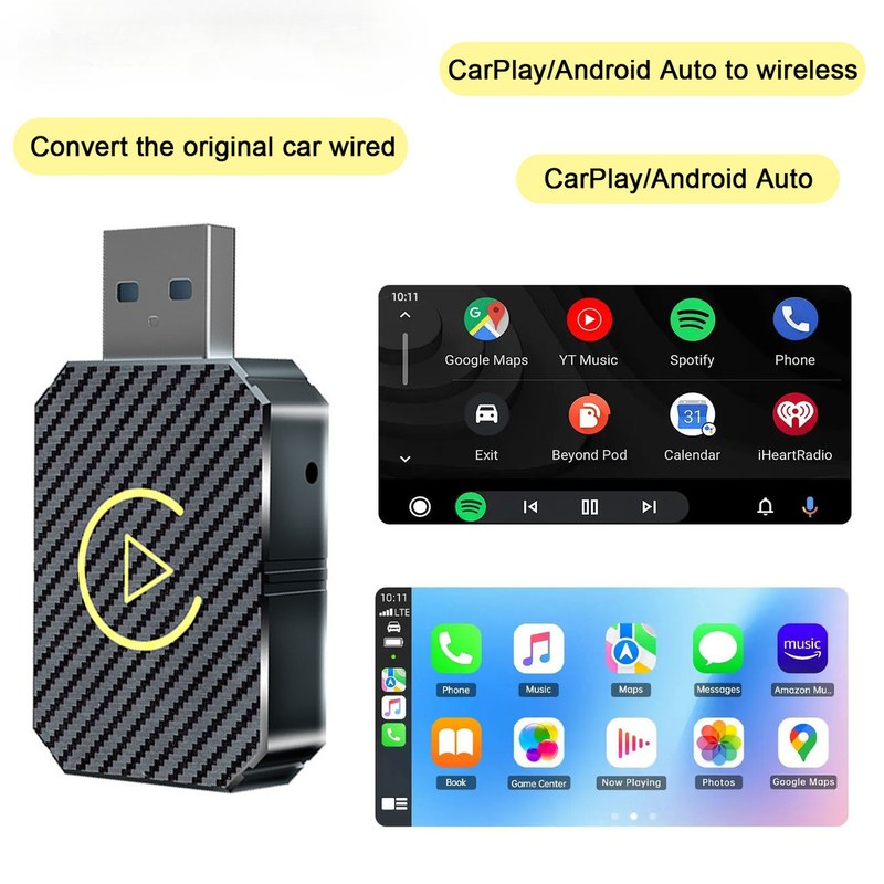 Wireless CarPlay adapter plugged into a vehicle's USB port with battery test equipment nearby