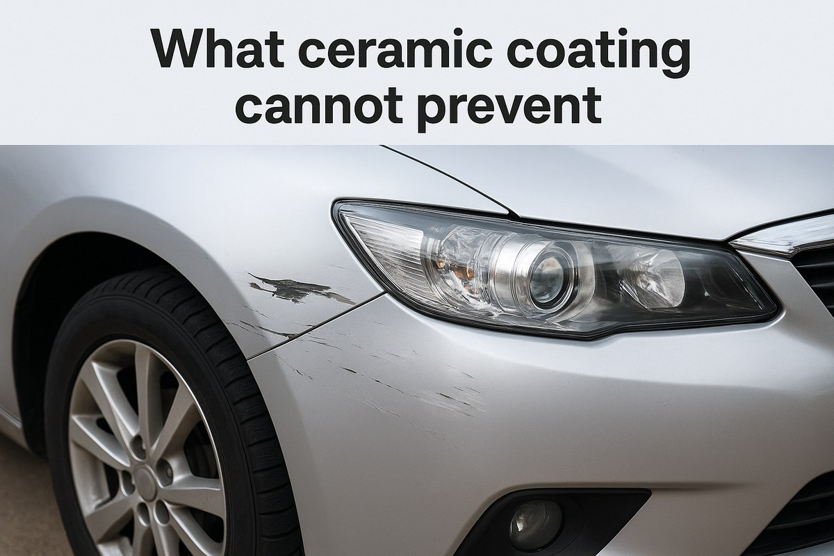 Close-up of a hand applying ceramic coating to a car hood with a foam applicator pad
