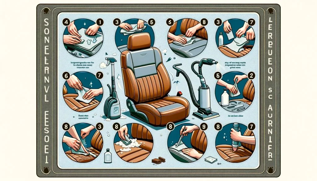 Person applying leather cleaner to a car seat with a microfiber cloth.