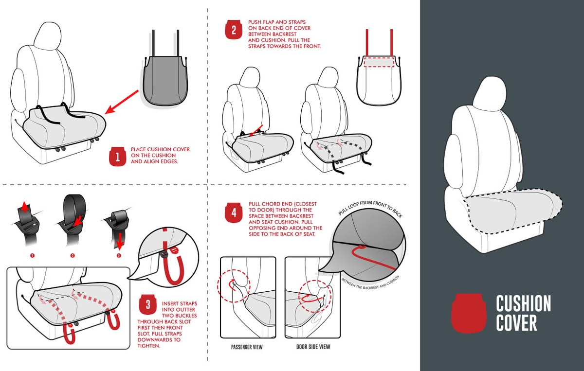Hands securing a seat cover with elastic hooks to prevent sliding