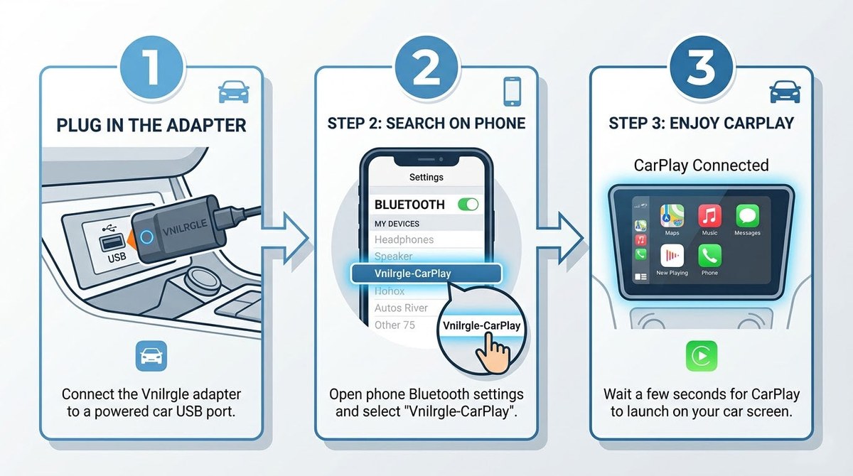 Updating a wireless CarPlay adapter connected to a car's USB port with a smartphone on the dashboard.