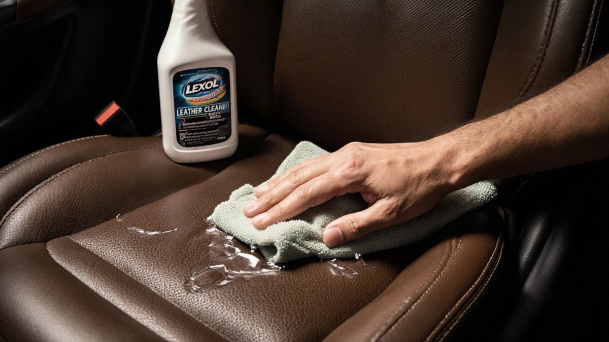 Hand applying leather cleaner to a car seat with a foam applicator pad