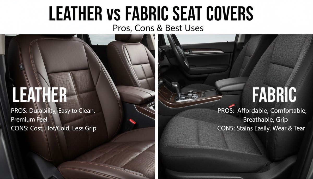 Comparison of leather and leatherette seat covers fitted on car seats showing fit and compatibility