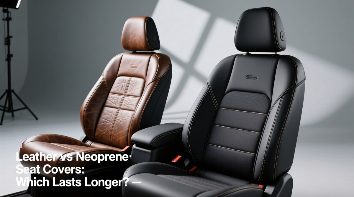 Close-up comparison of neoprene and leather seat cover materials showing surface texture and stitching detail