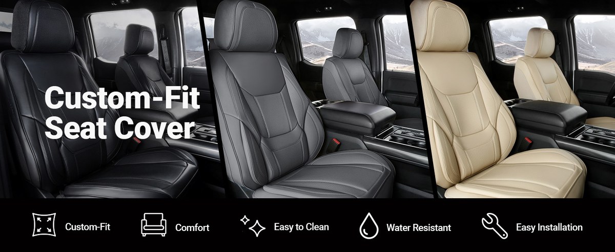 Neoprene seat cover with cutout for side airbag and access to seat controls.