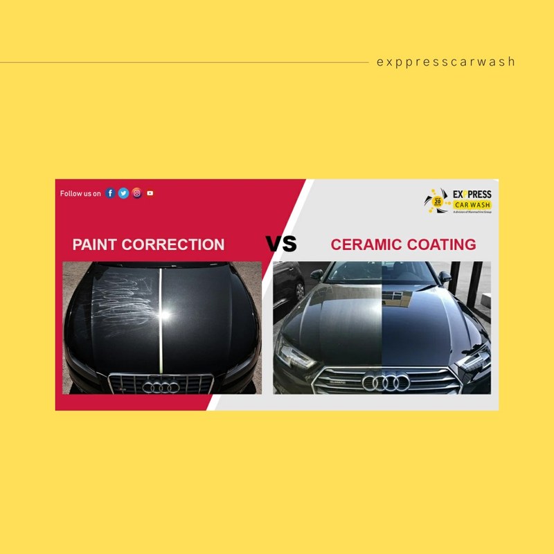Close-up of a car hood showing swirl marks and scratches in the clear coat