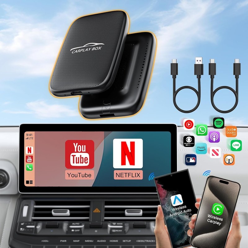 Factory car infotainment screen displaying wireless CarPlay adapter compatibility list