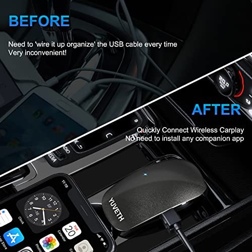 Wireless CarPlay adapter placed in a center console with a cable routed along the edge.