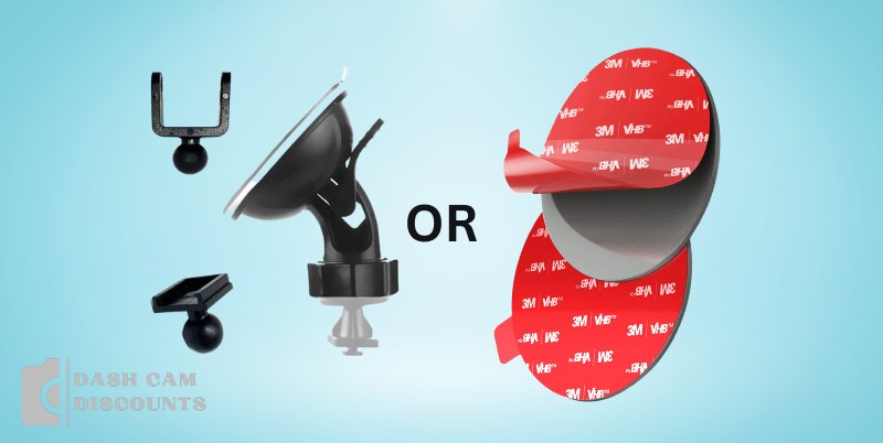 Comparison of three dash cam mount types: suction cup, adhesive pad, and mirror mount on a windshield.